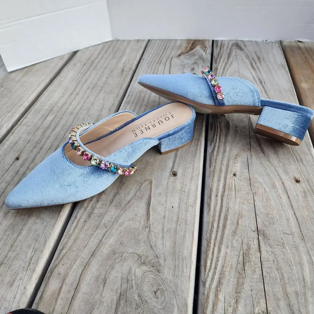 New In Box Journee Collection Light Blue Velor Embellished Jewelled Mules Sz 5.5